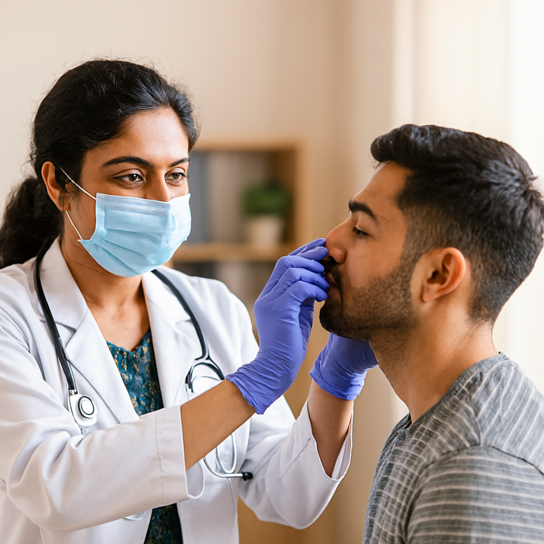 ENT specialist in Chembur examining a man with deviated septum and nasal allergy at Dr Swetal Mahajan’s clinic.png